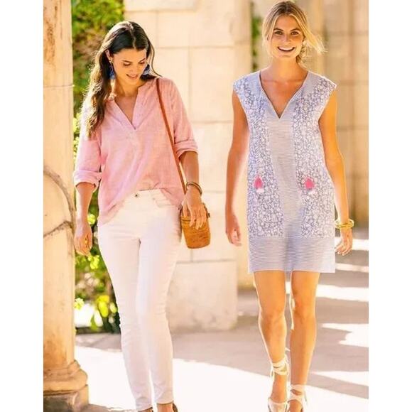 Vineyard Vines Otomi Border Tunic Dress Floral Striped V-Neck Sleeveless Mini - Picture 3 of 15